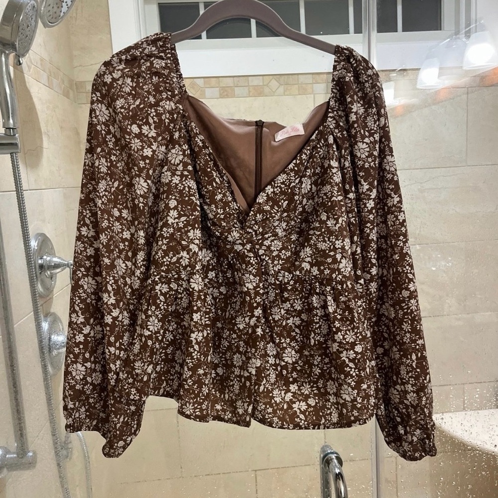 Pink Lily Brown Floral V-Neck Peplum Blouse